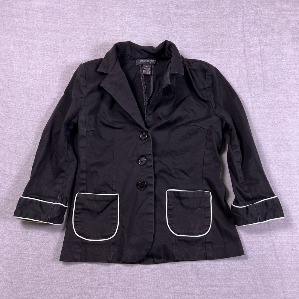 Jonathan Martin Studio Contrast Trim 3-Button Blazer Jacket Wmns 10 Black Cotton